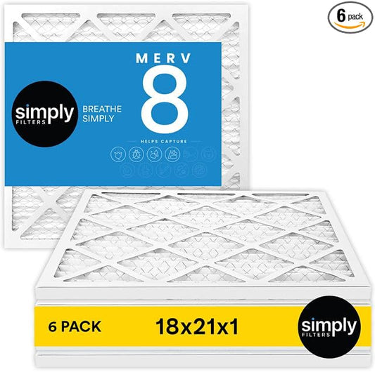 Simply 18x21x1 Air Filter, Merv 8, 6 Pack, For Home AC Furnace & HVAC (Actual Size: 17.75"x20.75"x0.75") DUST, Pet, & Allergy Control