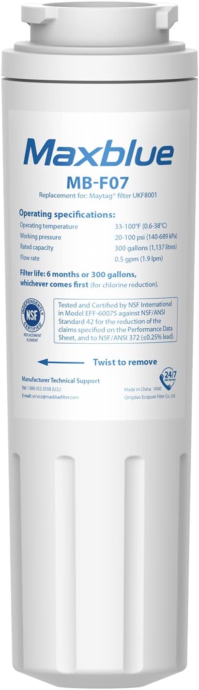 Maxblue UKF8001 Refrigerator Water Filter, Replacement for Maytag UKF8001, EDR4RXD1, EveryDrop Filter 4, Whirlpool 4396395, UKF8001AXX-200, Kenmore 469006, 469992, Puriclean II, Pack of 1