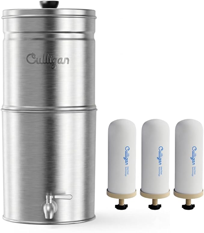 Culligan MaxClear 3 Gallon Gravity Water Filter System, Brushed Stainless-Steel Countertop Water Filter NSF/ANSI Certified to Reduce Microplastics, Lead & Total PFAS, with 3 Ceramic Filters