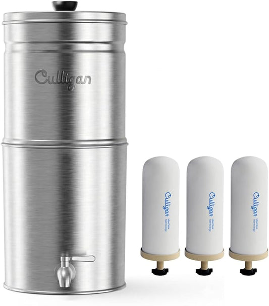 Culligan MaxClear 3 Gallon Gravity Water Filter System, Brushed Stainless-Steel Countertop Water Filter NSF/ANSI Certified to Reduce Microplastics, Lead & Total PFAS, with 3 Ceramic Filters