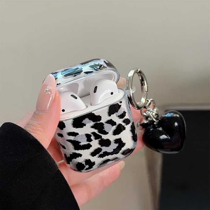 Silicone Case for AirPods 1st/2nd Generation,Women's Translucent Black Leopard Shockproof Cover with Adjustable Neck Strap & Keychain, Travel-Friendly Protective Case with Non-Slip Grip
