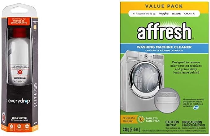 everydrop by Whirlpool Ice and Water Refrigerator Filter 2, EDR2RXD1, Single-Pack + Affresh Washing Machine Cleaner, 6 Month Supply