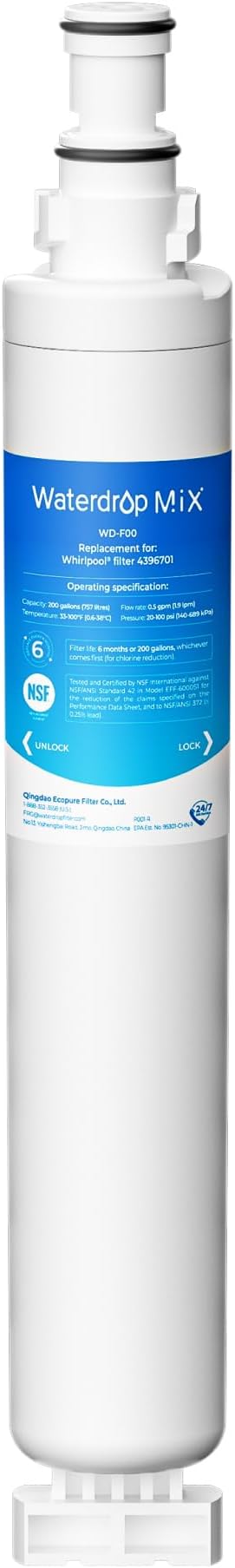 Waterdrop 4396701 Replacement for Whirlpool® EDR6D1, EveryDrop® Filter 6, 4396701, Kenmore 9915, 469915, WF293, RWF2000A, 4396702, LC200V, L200V, WFL200, RWF1021 Refrigerator Water Filter