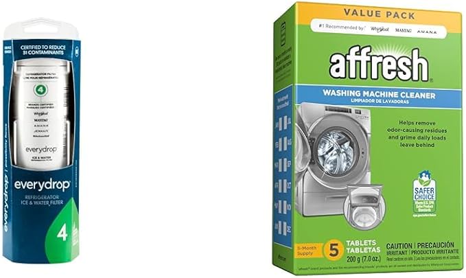 everydrop by Whirlpool Ice and Water Refrigerator Filter 4, EDR4RXD1, Single-Pack & Affresh Washing Machine Cleaner, Cleans Front Load and Top Load Washers, Including HE, 5 Tablets