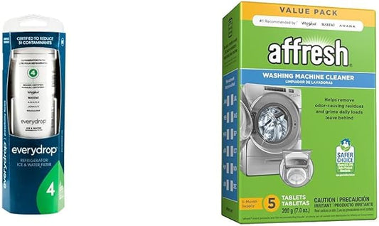 everydrop by Whirlpool Ice and Water Refrigerator Filter 4, EDR4RXD1, Single-Pack & Affresh Washing Machine Cleaner, Cleans Front Load and Top Load Washers, Including HE, 5 Tablets