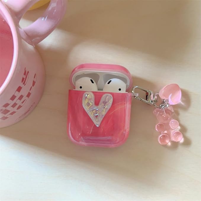 Silicone Case for AirPods 1st/2nd Generation;Women's Pink Marble Shock-Resistant Cover with 3D Heart Design, Adjustable Neck Strap & Keychain, Travel-Friendly Protective Case for Girls Women