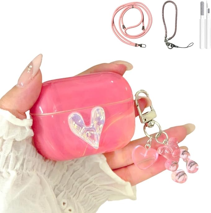 Compatible with AirPods Pro1st/2nd Gen (2023/2022/2019) Case:Pink Marble Silicone Cover with 3D Heart Design,Shockproof Protective Case with Long Adjustable Neck Strap & Keychain for Women Girls,Cute