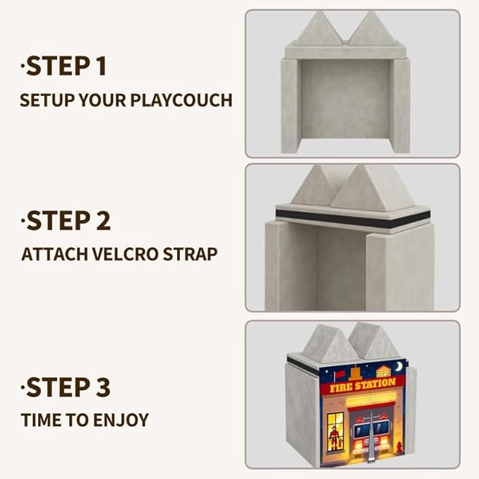 Play Couch Panels – Fire Station Theme Foam Modular Sofa Panels with Adjustable， Soft Couch Accessories for Creative Arrangements， 33.5×37in
