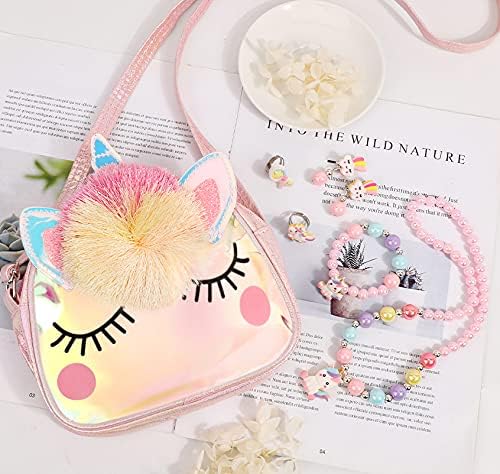 Hifot Kids Jewelry Little Girls Plush Handbag Necklace Bracelet Earrings Ring Hair Clips Set, Princess Costume Jewelry Party Favors Gift for Dress up Pretend Play (3-8 Years)