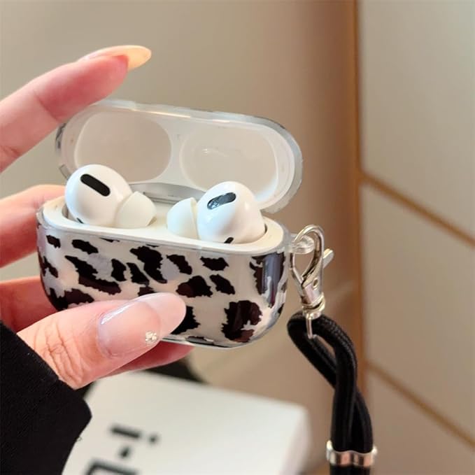 Compatible with AirPods Pro 1st/2nd Generation Case (2019/2022/2023) - Transparent Black Leopard Silicone Cover with Adjustable Neck Strap & Keychain, Cute Shockproof Travel Case for Women Girl