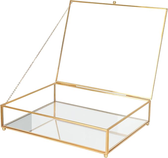 Large Glass Boxes for Display Handmade, Mirrored Bottom, Glass Jewelry Trinket Box with Lid, for Book, Photo, Keepsake Organizer, Display Case for Vanity Decor Home Dresser, Gold