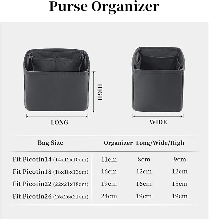 Purse Organizer Insert for Picotin 18/22, Satin Bag Organizer for Picotin Bags, Lightweight Purse Essentials for Women Luxury Handbags, Soft Touch Inner Liner with Multiple Pockets (Grismeyer, PC22)