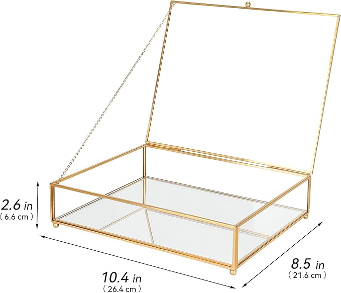 Large Glass Boxes for Display Handmade, Mirrored Bottom, Glass Jewelry Trinket Box with Lid, for Book, Photo, Keepsake Organizer, Display Case for Vanity Decor Home Dresser, Gold