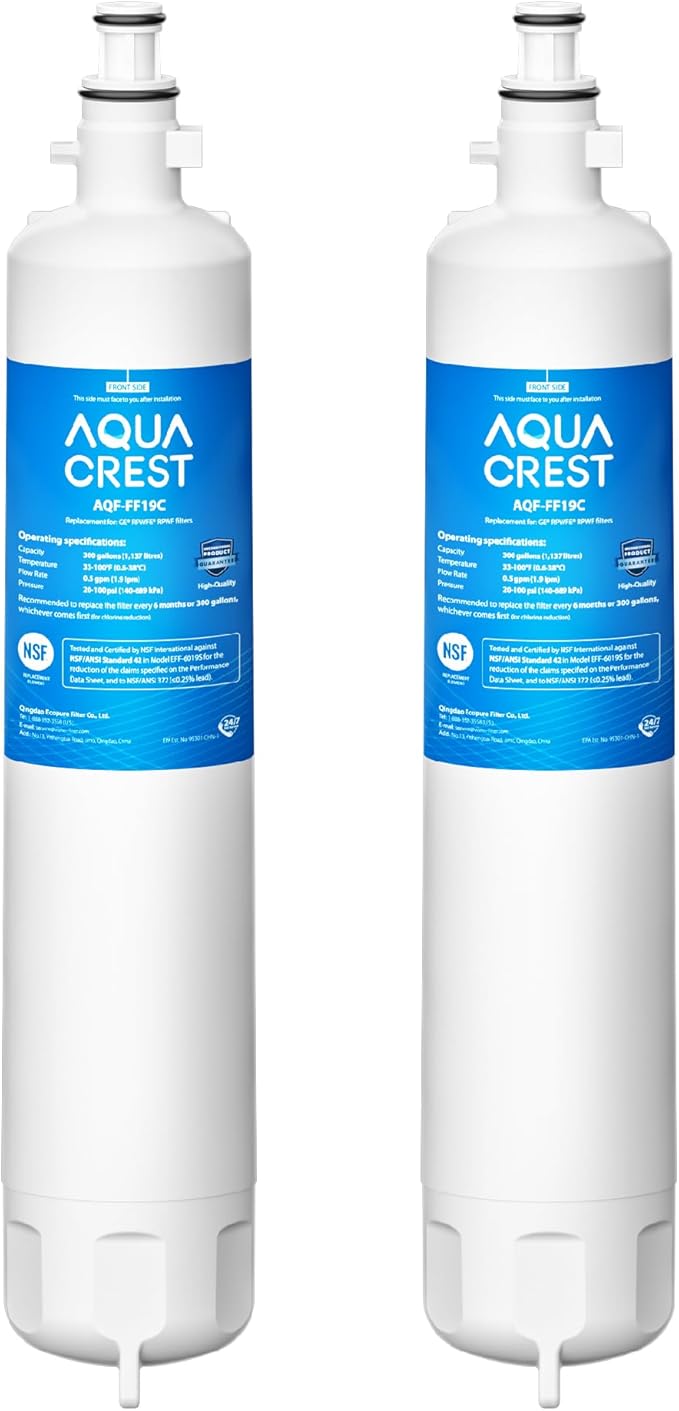 AQUA CREST Replacement for GE® RPWFE, RPWF (with CHIP) Refrigerator Water Filter, Compatible with GYE22HMKES, GYS22GMNES, GYE22HBLTS, DFE28JSKSS, GFE28HMHES, GNE29GYNFS, GFE28GYNFS, 2 Filters