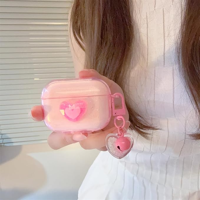 Compatible with AirPods Pro 1st/2nd Gen (2019-2023) Transparent Silicone Case, Cute Heart Design with Long Lanyard Keychain, Travel-Friendly Protective Cover for Women and Girls - Pink