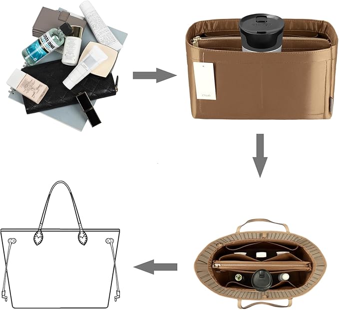 Purse Organizer Insert For Handbags, Purse Organizer With Zipper, Neverfull Organizer, Bag Organizer For Speedy Neverfull ONTHEGO Tote, Handbag and More (Silky Brown, small)