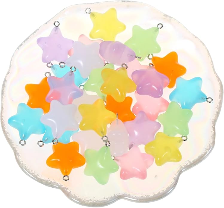 LUBINGSHINE 30pcs Glowing Solar Luminous Star Heart Moon Charms, Mixed Resin Glow in The Dark Star Pendant for DIY Jewelry Craft Making Party Decoration