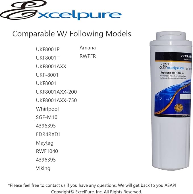 EXCELPURE UKF8001 Replacement for Whirlpool FILTER 4, EDR4RXD1, 4396395, WRX735SDBM00, RWF0900A, EFF-6007A, MFI2568AES, MFI2569VEM, RFC0900A, WF295, PURICLEAN II, Refrigerator Water Filter, 1PACK