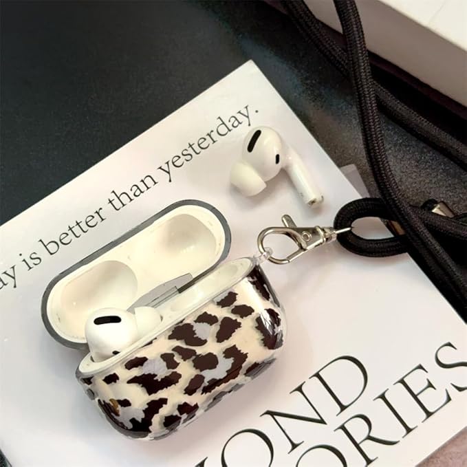 Compatible with AirPods Pro 1st/2nd Generation Case (2019/2022/2023) - Transparent Black Leopard Silicone Cover with Adjustable Neck Strap & Keychain, Cute Shockproof Travel Case for Women Girl