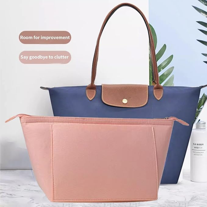 Chispee Soft Felt Purse Organizer Insert for Longchamp,Tote Handbags Lightweight Bag Organizer with Multiple Pockets and Zipper (Pink,M)