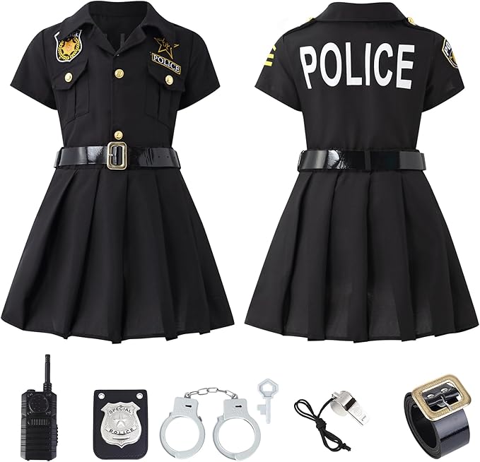 Lumiparty Police Officer Costume for Kid,Girls Police Costume,Halloween Cop Costume Outfit Set for Roleplay Dress Up