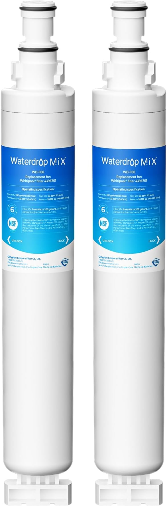 Waterdrop 4396701 Replacement for Whirlpool® EDR6D1, EveryDrop® Filter 6, 4396701, Kenmore 9915, 469915, WF293, RWF2000A, 4396702, LC200V, L200V, WFL200 Refrigerator Water Filter, 2 Pack