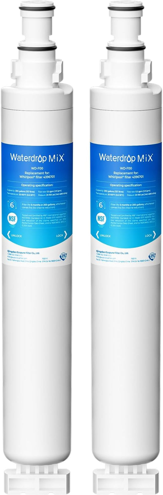 Waterdrop 4396701 Replacement for Whirlpool® EDR6D1, EveryDrop® Filter 6, 4396701, Kenmore 9915, 469915, WF293, RWF2000A, 4396702, LC200V, L200V, WFL200 Refrigerator Water Filter, 2 Pack