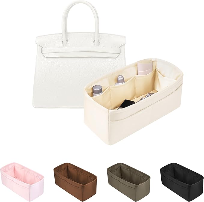 Purse Organizer Insert for Birkin 25, Lightweight & Soft Satin Organizer Insert with Pockets for Woman Bags, Ideal for Travel, Shopping, and Daily Use, Multicolor Options(Craie, BK25 Retourné)