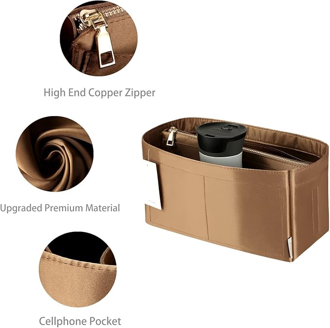 Purse Organizer Insert For Handbags, Purse Organizer With Zipper, Neverfull Organizer, Bag Organizer For Speedy Neverfull ONTHEGO Tote, Handbag and More (Silky Brown, SM)