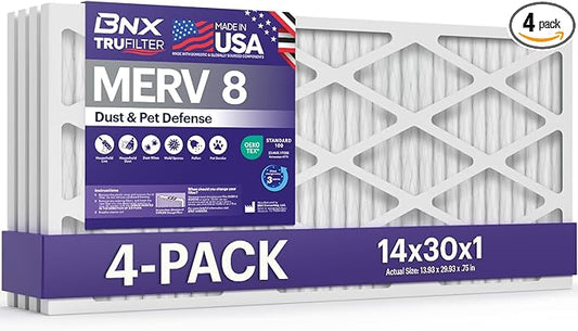 BNX TruFilter 14x30x1 Air Filter MERV 8 (4-Pack) - MADE IN USA – Dust & Pet Defense Electrostatic Pleated Air Conditioner HVAC AC Furnace Filters for Dust, Pet, Mold, Pollen MPR 600 – 700 & FPR 5