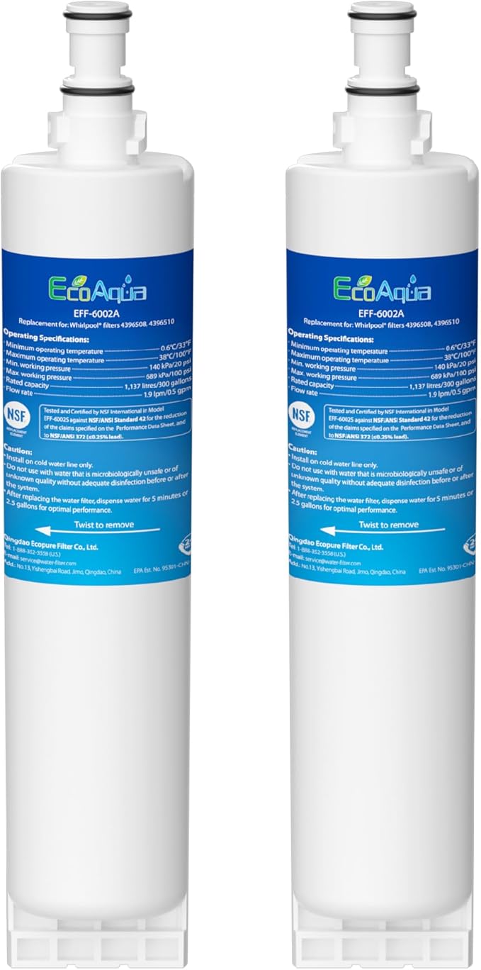 EcoAqua 4396508 Refrigerator Water Filter, Replacement for Everydrop® Filter 5, EDR5RXD1, Whirlpool® WF-NLC240V, 4396510, NLC240V, PNL240V, 4396508p, 4396547, 4392857, LC400V, 2-Pack