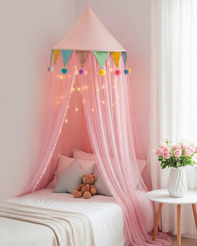 Princess Bed Canopy with Star Lights for Girls, Play Tent Canopy Bed Curtain Indoor Room Decor Stuff Gift for Kid Boys Bunk Twin Full Size Bed Reading Nook Hanging Dome Mosquito Net Pink