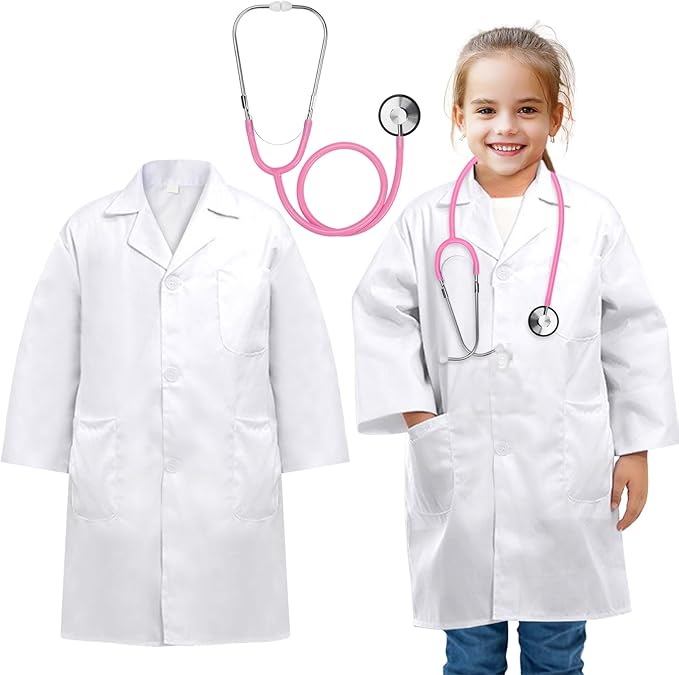 Doctor Costume for Kids, Toddler Doctor Lab Coat with Kids Stethoscope, Halloween Scientist Costume for Boys Girls