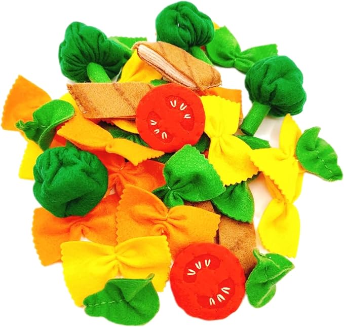 Pasta with broccoli, farfalle, bow tie pasta, felt play food for kids kitchen, pretend play for kids (tri-colors, set 1 (farfalle, broccoli, chicken, tomatoes, basil))