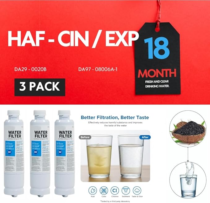 HAF-CIN/EXP DA29 Water Filter Replacement – Compatible with DA29-00020B – Carbon Block 99% Contaminant Reduction – Fresh Water & Ice – 18 Month Life 3 PACK