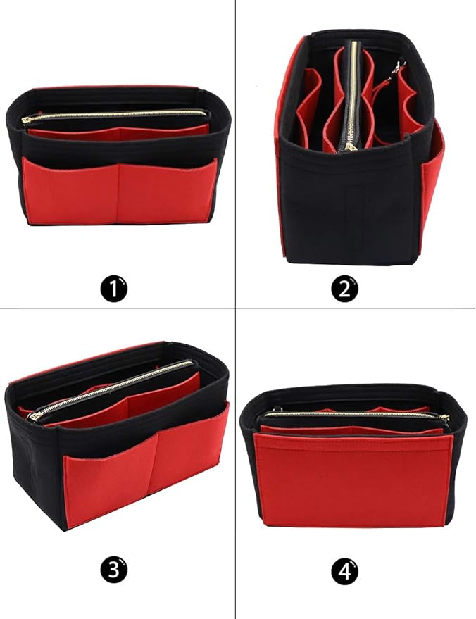 LEXSION Felt Purse Bag Organizer Insert with zipper Bag Tote Shaper Fit Speedy Neverful PM MM 8021 Black-red L2