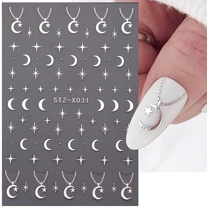 Pendant Flowers Nail Art Adhesive Sticker 3D Self-Adhesive Nail Decals Art Design Holographic Stars Heart Moon Nail Art Sticker Decoration for Women Manicure Tips Acrylic Nails DIY Nails Art Supplies