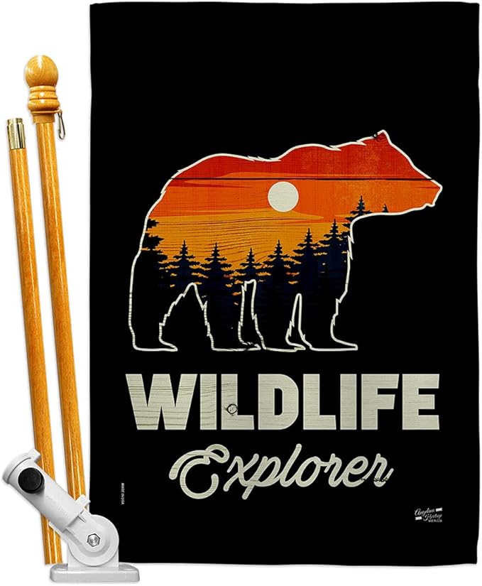 Wildlife Explorer House Flag Set Outdoor Adventure Rustic Camper RV Trailer Camp Site Campfire Small Decorative Gift Yard Banner Made In USA 28 X 40