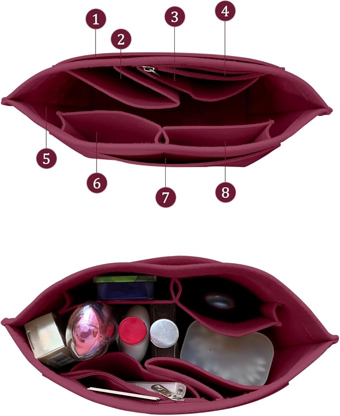 Chispee Felt Purse Organizer Insert Luxury Handbag Organizers for Longchamp Divider Pocket & Zipper Inner Bag Liner fit Small, Rose Red