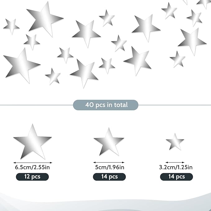 40 Pcs Silver Stars Mirror Wall Stickers, 3D Acrylic Mirror Wall Decorations for Living Room Removable Stars Stickers Art Decal for Bedroom Wedding Birthday DIY Wall Decor (Silver)