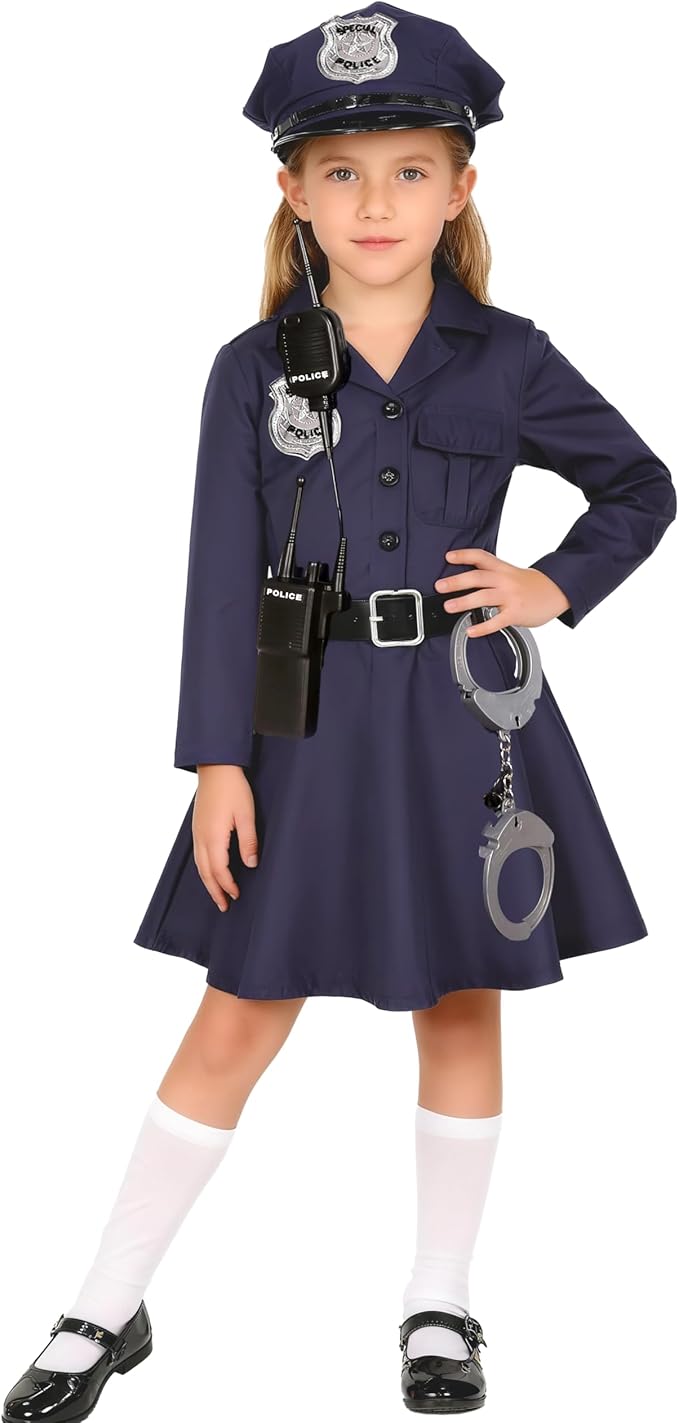Girls Police Officer Costume Kids Cop Uniform Toddler Policeman Outfit, Police Dress Up Halloween Birthday Gifts