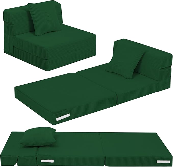 MeMoreCool Folding Sofa for Kids, Corduroy Fold Out Futon Chair, Small Foldable Floor Mattress, Portable Children Couch Sofa, Green