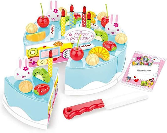 38 PCS DIY Cutting Birthday Party Cake Model Ornament Pretend Kitchen Food Set, DIY Fruit Cutting Kitchen Pink/Blue Cut Cake Gift (38PCS Blue)