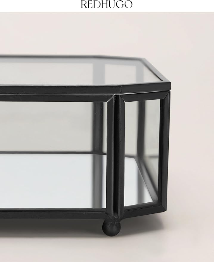 Large Glass Boxes for Display Handmade, Mirrored Bottom, Glass Jewelry Box with Lid, Trinket Box Book Photo Keepsake Organizer, Display Case for Vanity Decor Home Dresser, Octagon, Black