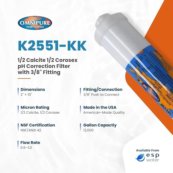 Omnipure K2551-KK Inline Water Filter 3/8 Inch Quick Connect Tubing 1/2 Calcite 1/2 Corosex Cartridge Raises Low pH Enhances Taste and Protects RO Systems 2 x 10 Inch Made in USA