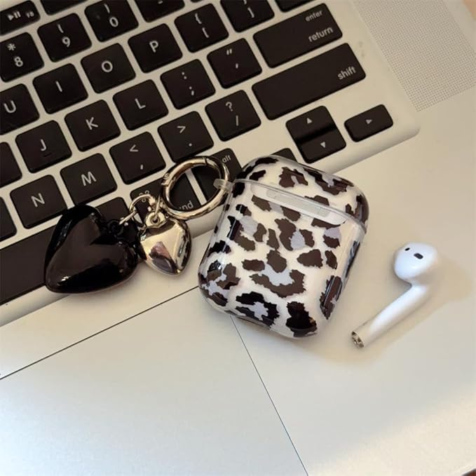 Silicone Case for AirPods 1st/2nd Generation,Women's Translucent Black Leopard Shockproof Cover with Adjustable Neck Strap & Keychain, Travel-Friendly Protective Case with Non-Slip Grip