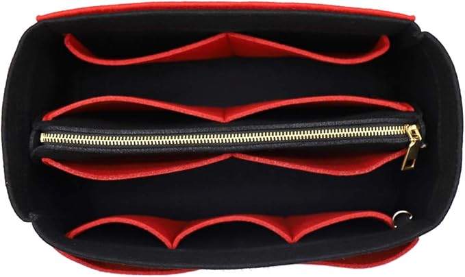 LEXSION Felt Purse Bag Organizer Insert with zipper Bag Tote Shaper Fit Speedy Neverful PM MM 8021 Black-red L2
