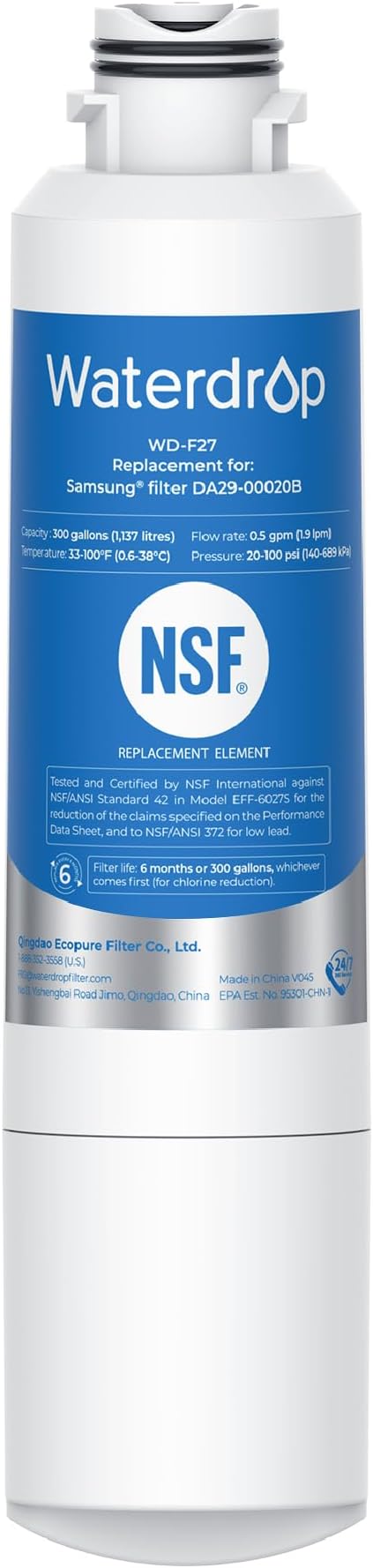 Waterdrop DA29-00020B Refrigerator Water Filter, Replacement for Samsung® HAF-CIN/EXP, DA29-00020B-1, RF263BEAESR, RF263TEAESG, RF4287HARS, Reduce Chlorine, bad Taste and Odor