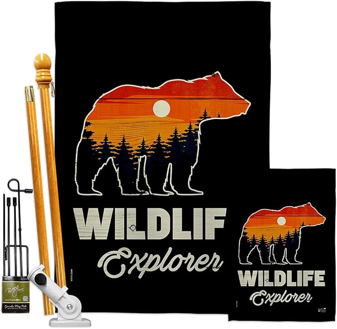 Wildlife Explorer Garden House Flags Kit Outdoor Adventure Rustic Camper RV Trailer Camp Site Campfire Small Decorative Gift Yard Banner Made In USA 28 X 40