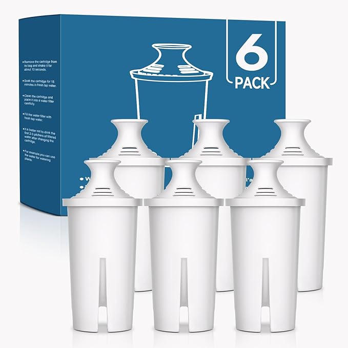 6 Pack Water Filters Compatible with Brita Pitchers, BPA-Free, US Standard, Fits Water Pitchers and Dispensers, Reduces Copper, Cadmium and Mercury Impurities, 50 Gallons